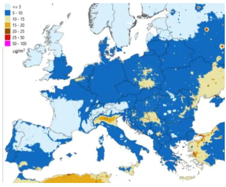 Concentrazione di PM(2.5) al 2020 in Europa