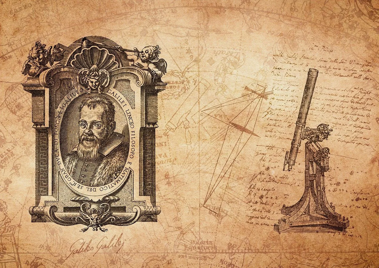 Incisione d'epoca che ritrae Galileo Galilei accanto a un telescopio