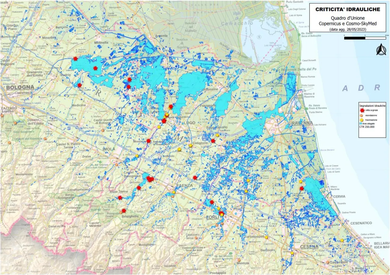 Figura 6. Sintesi delle criticità idrauliche occorse sui corsi d’acqua, e immagine satellitare dei territori allagati a seguito delle piene dal 17 al 21 maggio 2023 (fonte Agenzia…