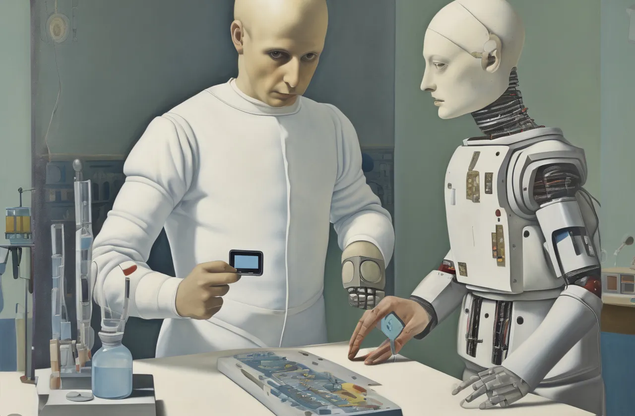 Ritratto immaginario di un ricercatore umano e del suo assistente robot