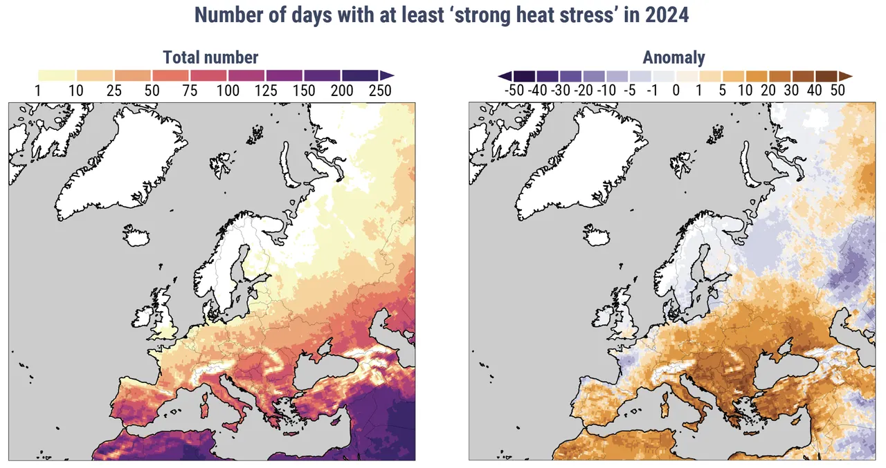 Figura 5. A day with at least ‘strong heat stress’ has a maximum feels-like temperature (UTCI) of at least 32°C. Data: ERA5-HEAT UTCI • Reference period: 1991-2020 (right) •