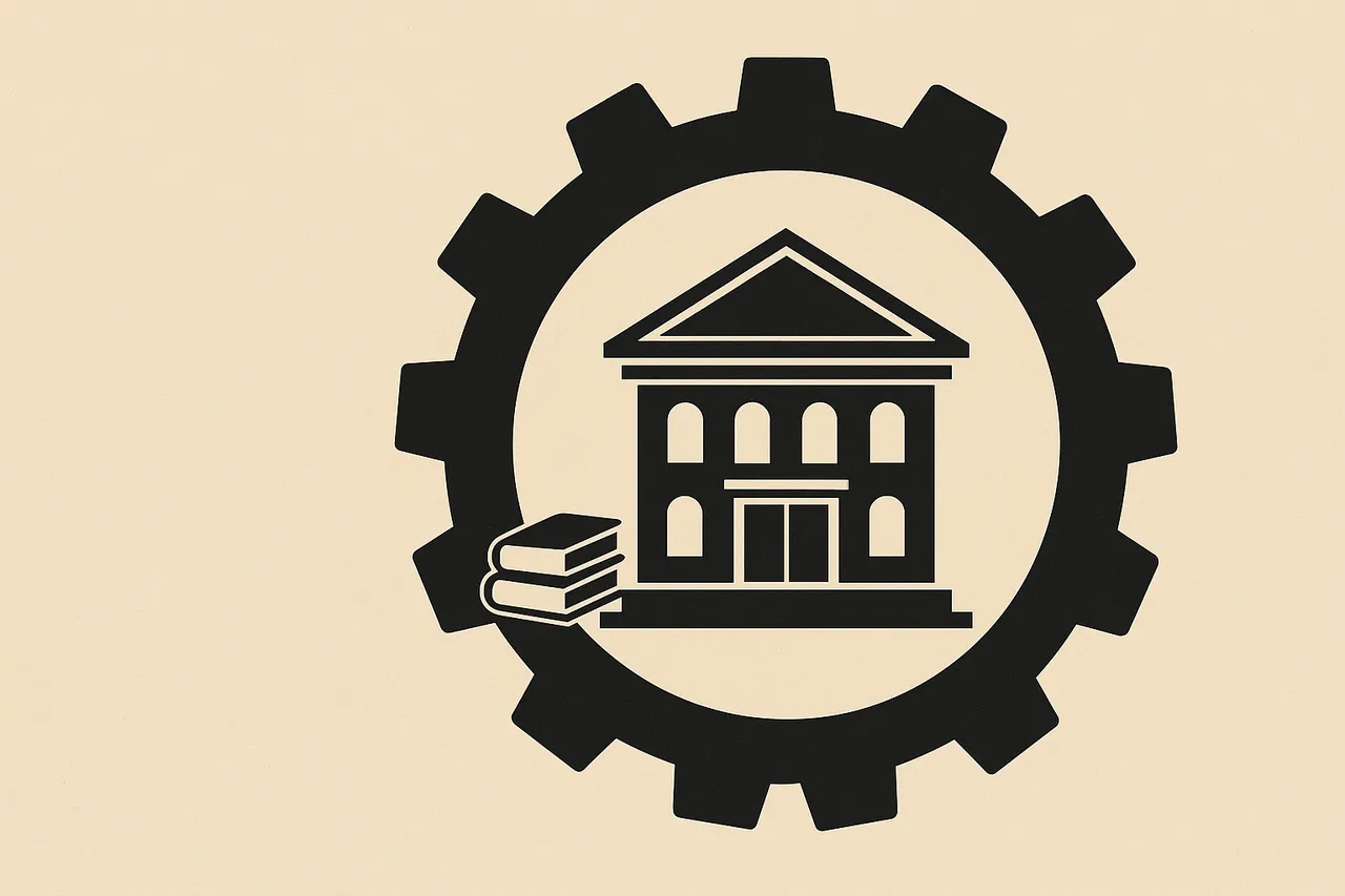 imagine vettoriale di un edificio universitario e libri inserito in un ingranaggio ministeriale