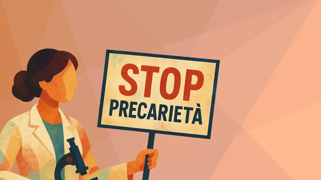 grafica di una ricercatrice con manifesto di protesta