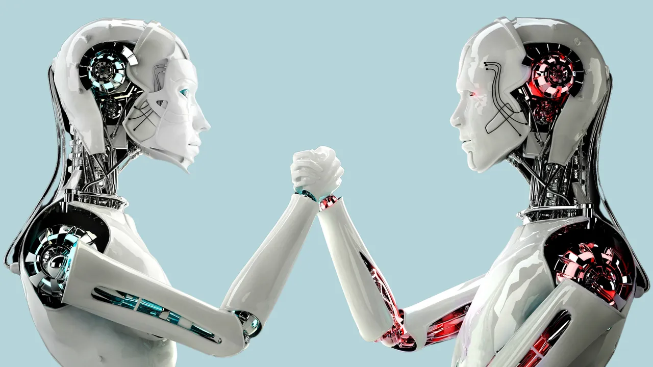 Due robot uno di fronte all'altro che si guardano e si stringono la mano