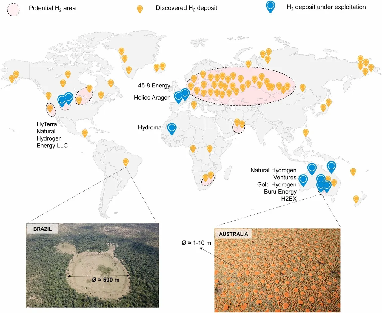 Figura 2. Dettaglio dei depositi naturali di idrogeno conosciuti e dei cerchi delle fate