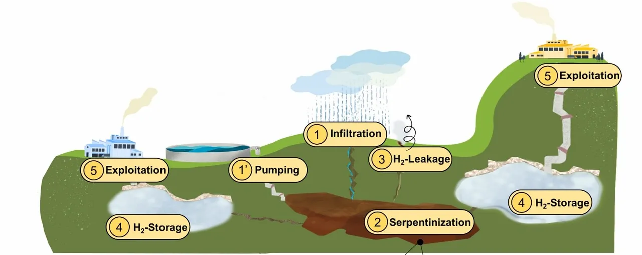 Figura 3. Diagramma della formazione e dello sfruttamento dell’idrogeno naturale e arancione