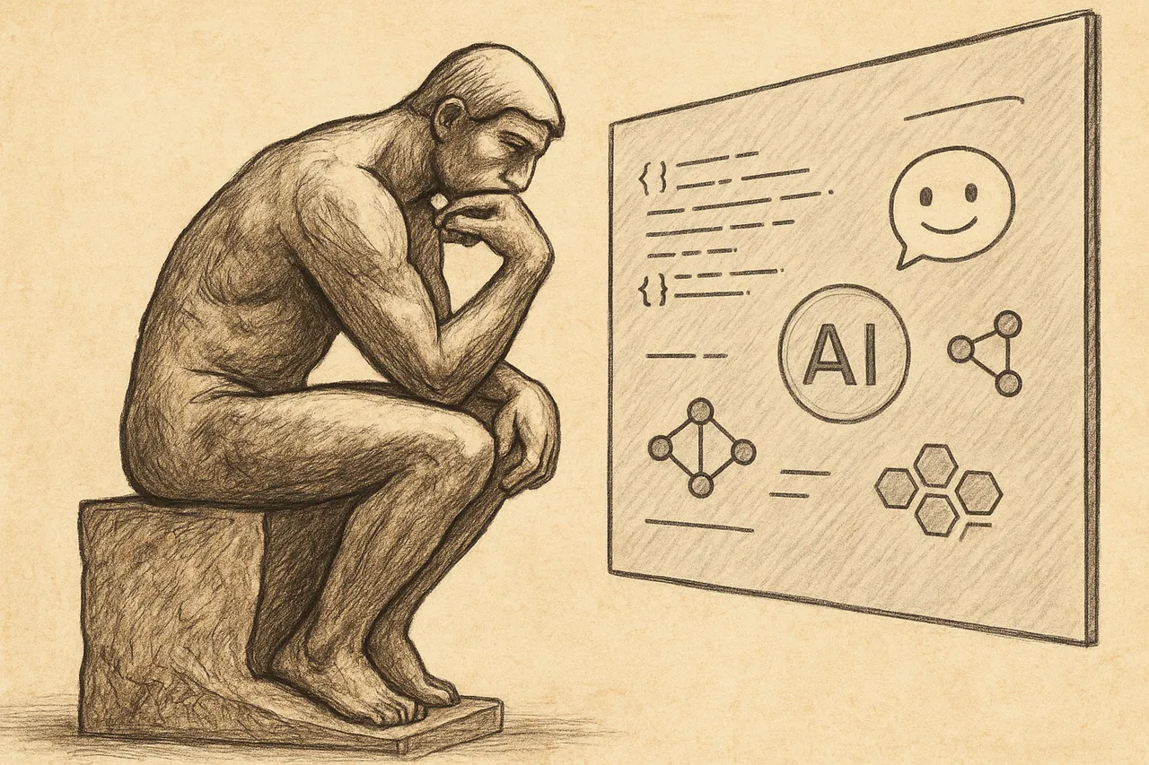 Illustrazione de Il pensatore di Rodin che fissa uno schermo