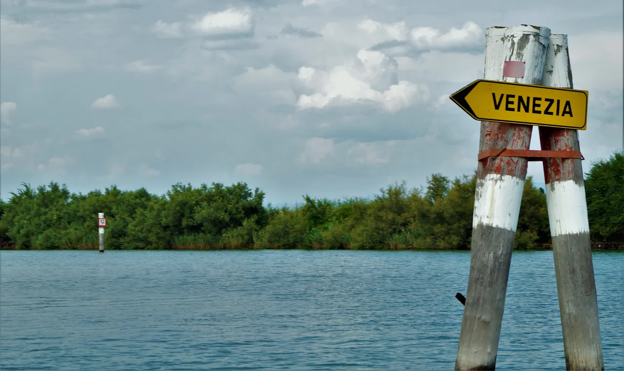 Immagine della laguna di Venezia con isolotto ricoperto di vegetazione e cartello segnaletico giallo su cui si legge "Venezia"