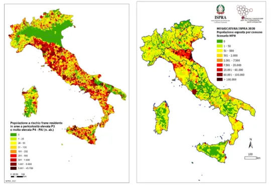 Figura 1 – A destra, la popolazione a rischio frane. A sinistra, la popolazione a rischio alluvioni su base comunale