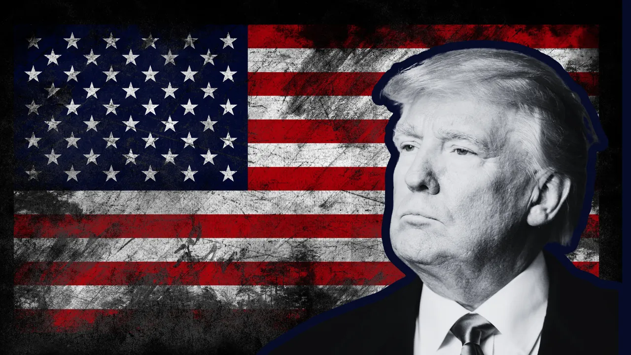 trump in bianco e nero con sfondo di una cupa bandiera USA