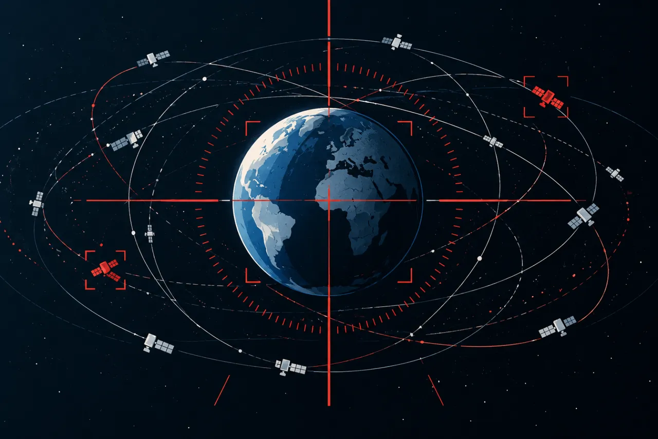 Reticolo di orbite terrestri trasformato graficamente in un mirino
