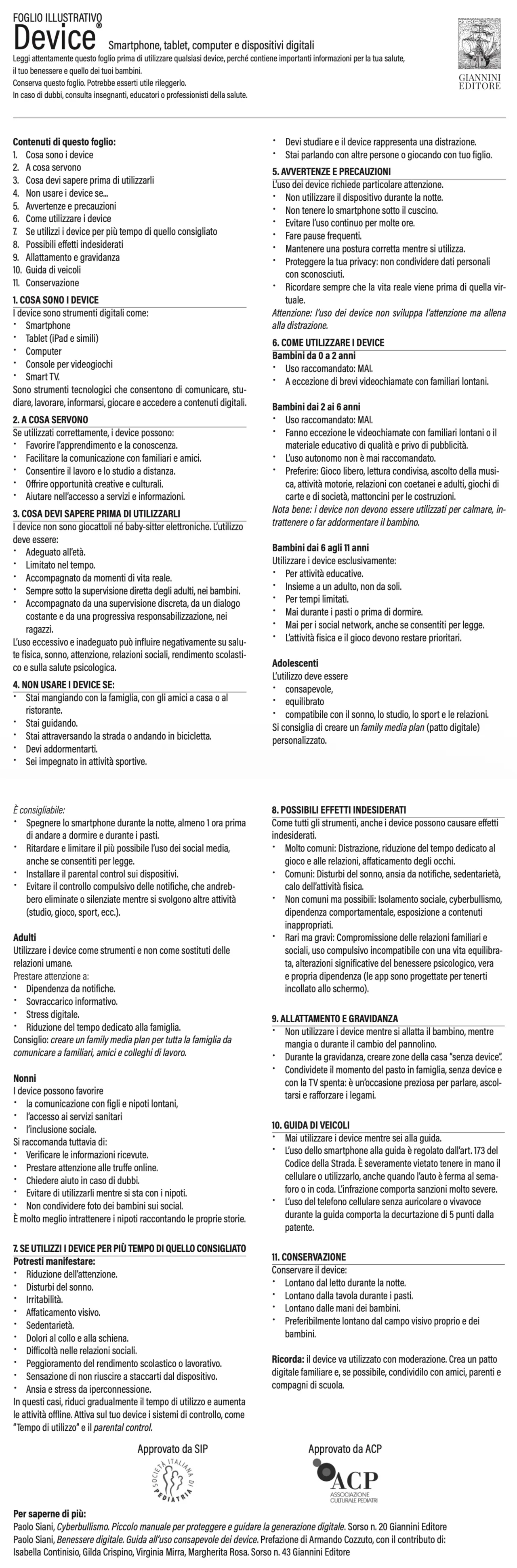 Il foglio illustrativo del bugiardino digitale: contenuti, come e quando usare i device per fascia d’età, avvertenze, effetti indesiderati, approvato da SIP e ACP