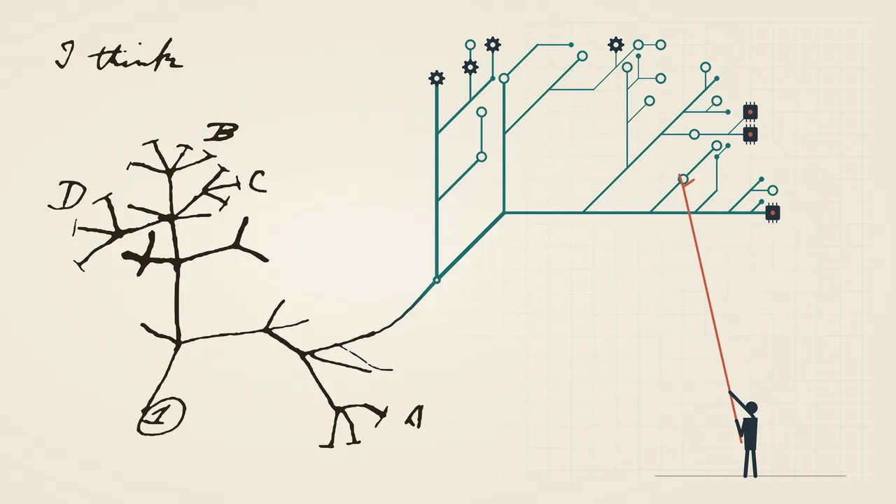 Illustrazione: a sinistra l’albero evolutivo abbozzato da Darwin nel taccuino, con la scritta «I think»; un ramo prosegue a destra in un circuito stampato con ingranaggi e microchip, che una figura umana indica con un’asta