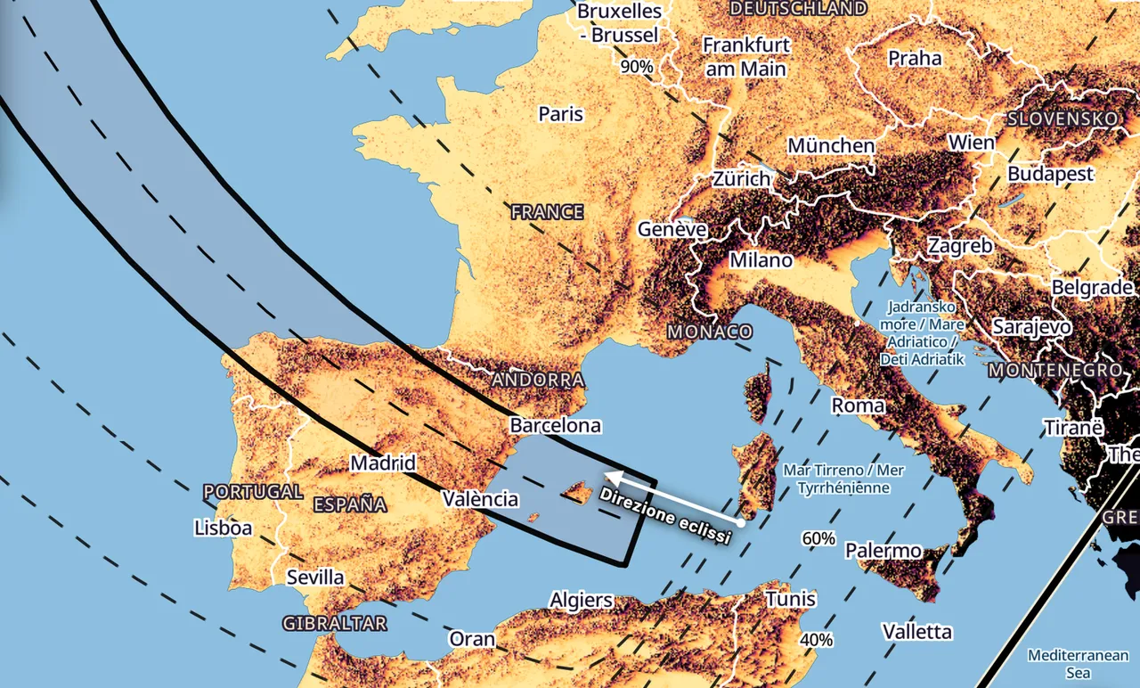 La fascia di totalità dell’eclissi in Spagna. Screenshot da Eclipse Map