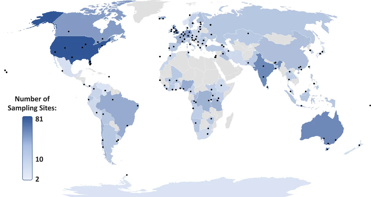 Mappa dei bacini idrografici analizzati nello studio globale (137 in totale). I punti rappresentano gruppi di siti di campionamento distribuiti nei diversi bacini fluviali, mentre…
