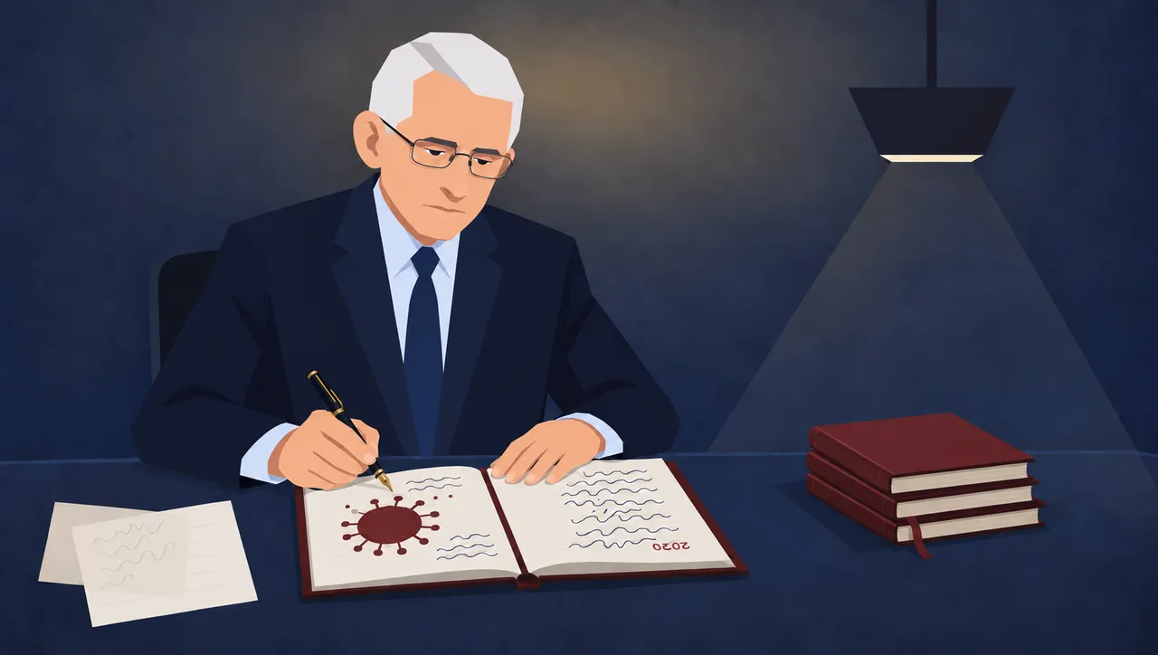 Illustrazione di un uomo anziano in giacca e cravatta che scrive su un diario aperto, con il disegno di un virus e l'anno 2020