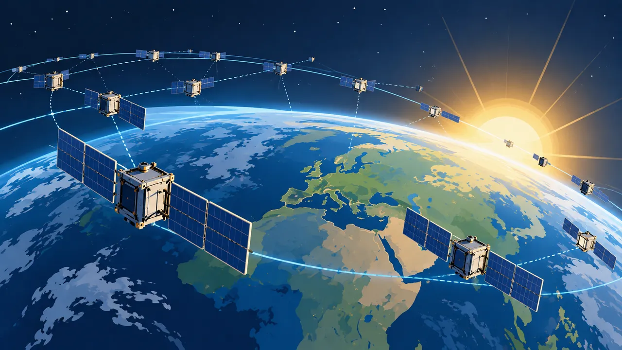 disegno della Terra vista dallo spazio con una fascia di piccoli satelliti