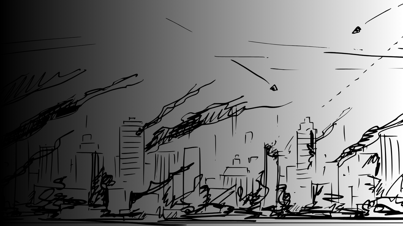 Disegno a tratto di una città bombardata, con colonne di fumo e proiettili nel cielo