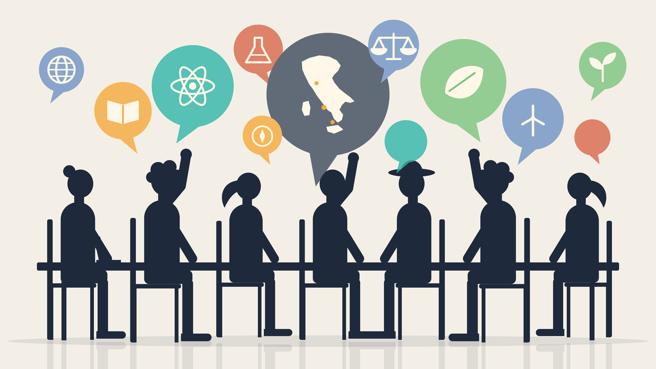Illustrazione di sette persone sedute attorno a un tavolo, alcune con la mano alzata, sopra le quali volano fumetti con icone di scienza, diritto, ambiente e cultura