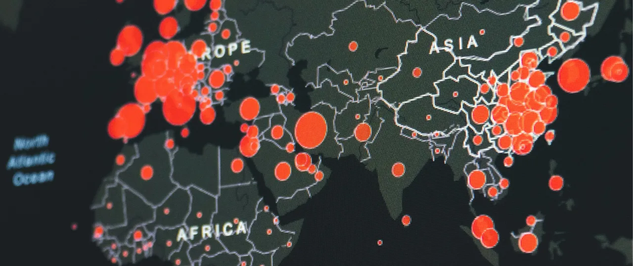 Mappa geografica del mondo con bolli rossi di dimensioni diverse che indicano la presenza di patologie