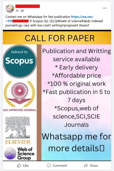 Schermata di un post del gruppo Facebook «Scopus, WOS, publication» che offre servizi di pubblicazione