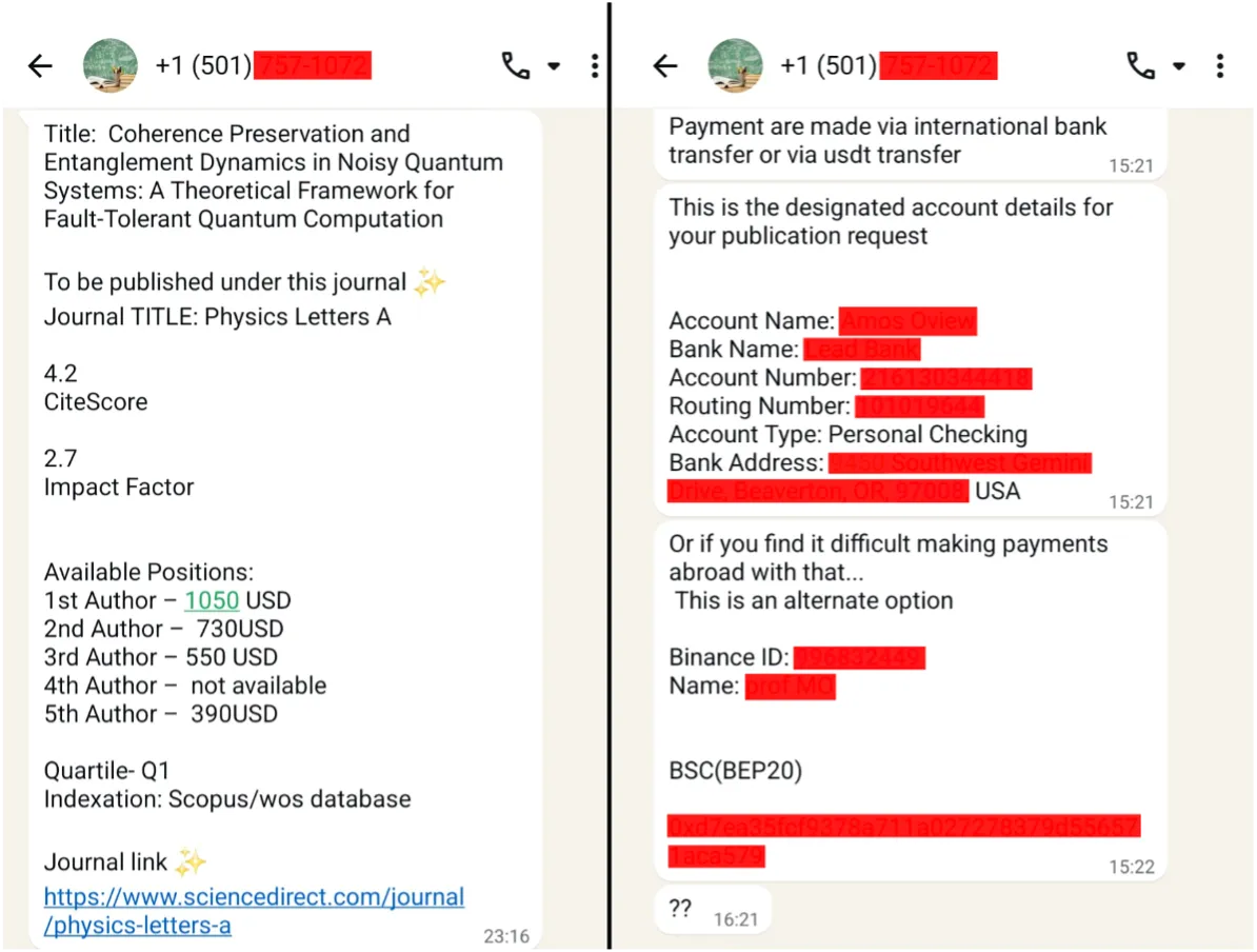 Schermata di una conversazione su WhatsApp con chi vende la firma su articoli scientifici