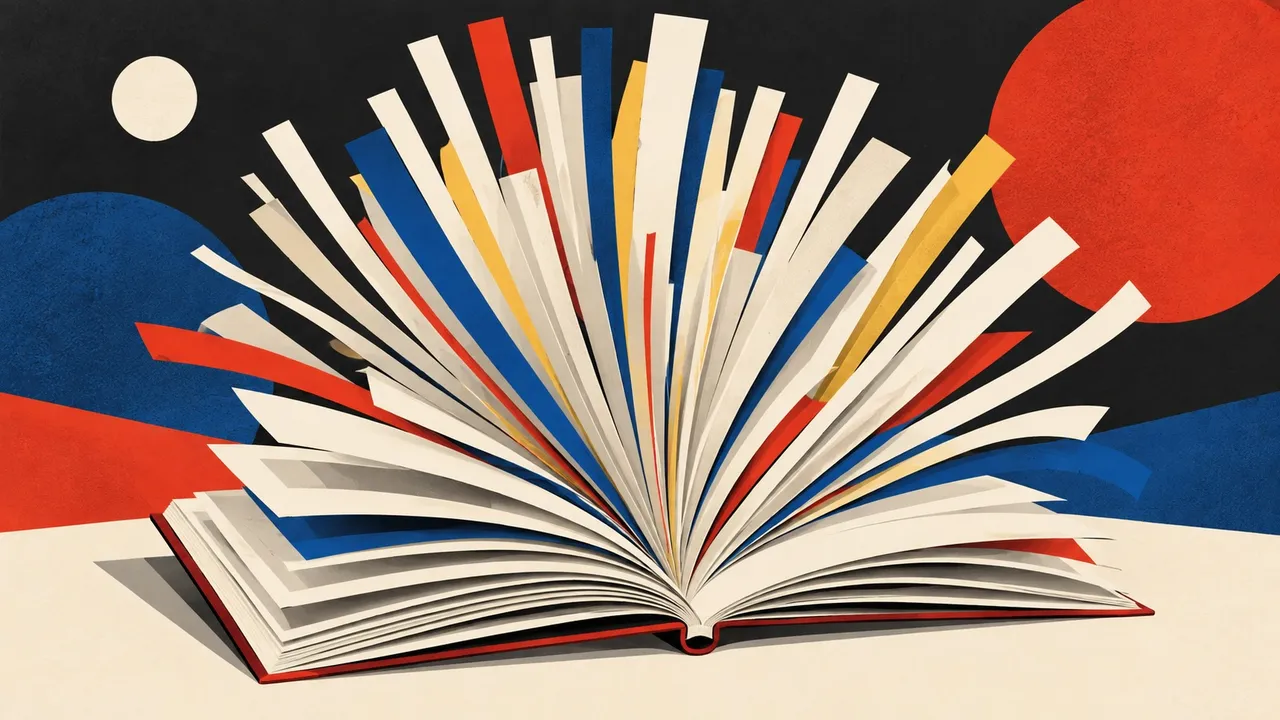 Illustrazione: un libro aperto con le pagine che si sollevano a ventaglio, in bianco, rosso, blu e giallo, su fondo nero