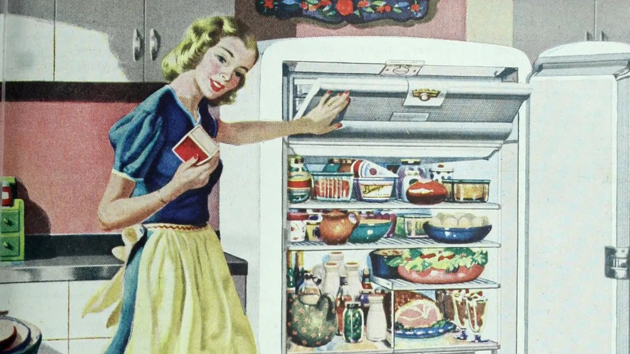 illustrazione di donna felice davanti al frigorifero