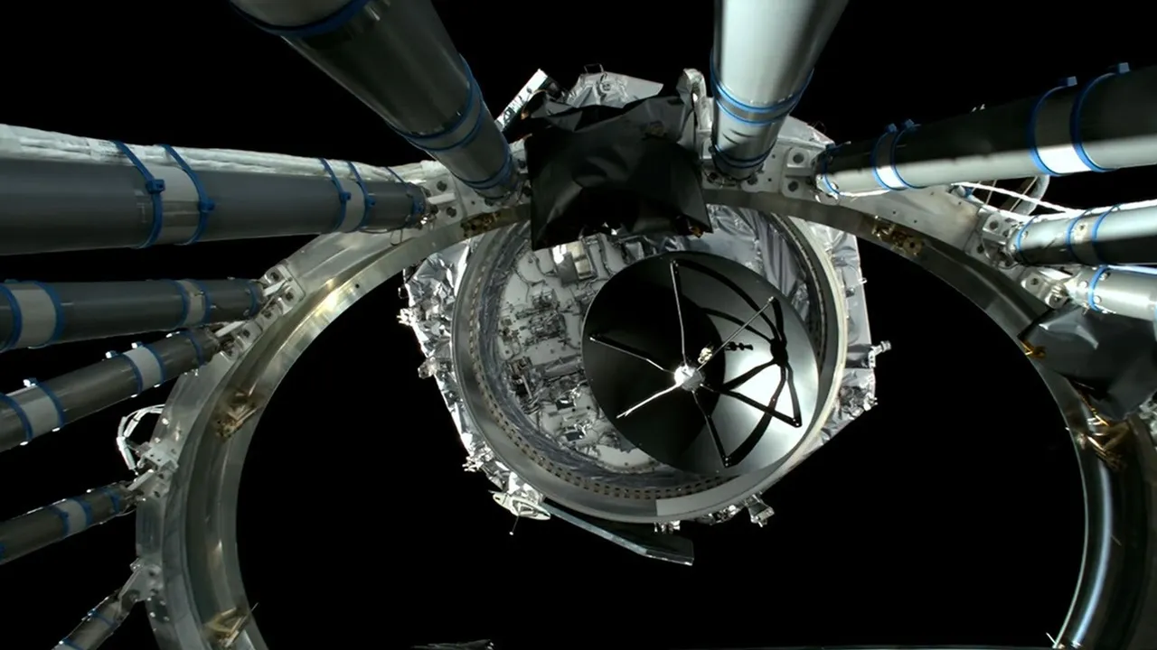 Il Roman Space Telescope viene rilasciato dal secondo stadio del Falcon Heavy che lo ha immesso sulla traiettoria per raggiungere il punto L2. In primo piano l’antenna dalla quale…