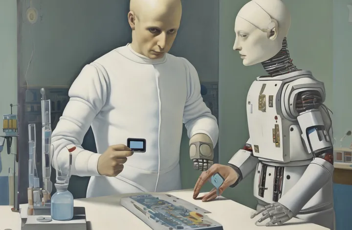 Imaginary portrait of a human researcher and their robot assistant