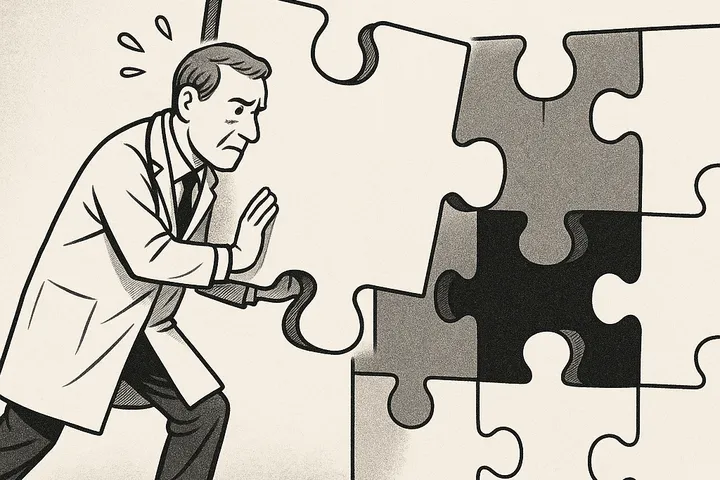 medico che inserisce una tessera in un grande puzzle