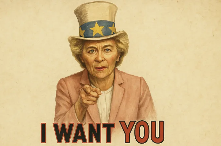 Una rivisitazione dell'immagine dello zio Sam con la scritta "I want you" e il volto di Ursula von der Leyen