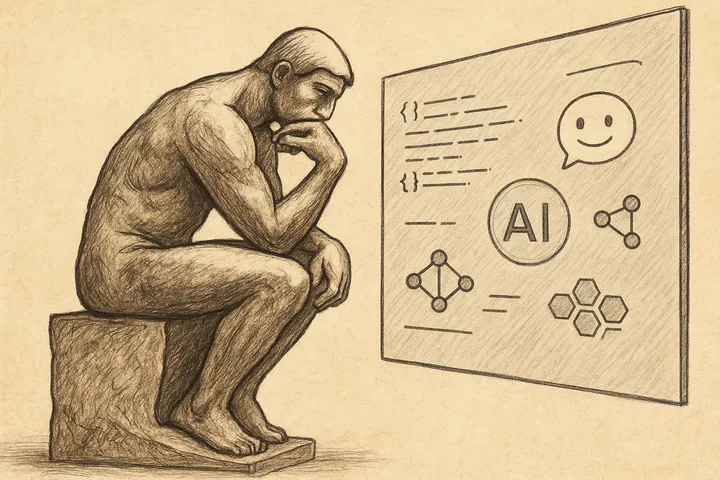 Illustrazione de Il pensatore di Rodin che fissa uno schermo
