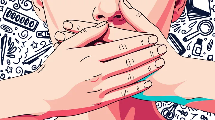 Disegno di persona con bocca tappata e sfondo di elementi scolastici