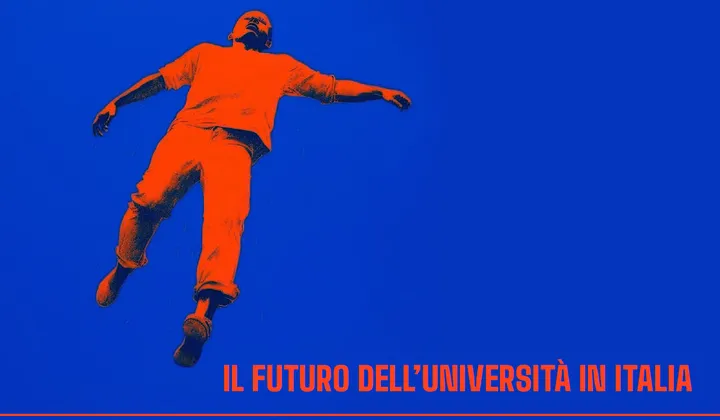 Immagine di un uomo arancione che galleggia in aria contro uno sfondo blu e la scritta "Il futuro dell'Università in Italia"