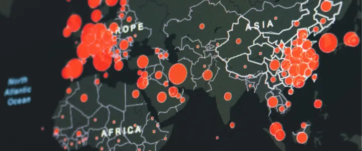 Mappa geografica del mondo con bolli rossi di dimensioni diverse che indicano la presenza di patologie