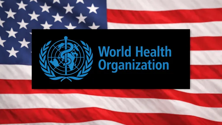 Immagine del simbolo dell'Organizzazione Mondiale della Sanità sullo sfondo di una bandiera statunitense