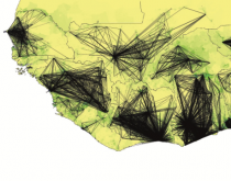 Le zone dove Ebola (punti neri) si è manifestato sovrapposte alla mappa che mostra la connettività tra le persone.