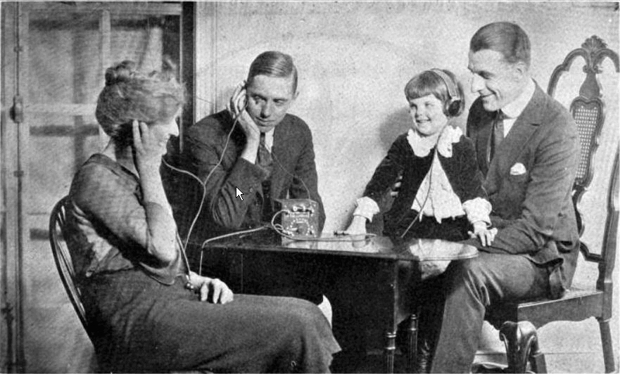 Foto di una famiglia americana degli anni '20 che ascolta una radio a galena. Immagine tratta da una pubblicità del 1922 della Freed-Eisemann Radios pubblicata su Radio World magazine. Licenza: Public Domain. 